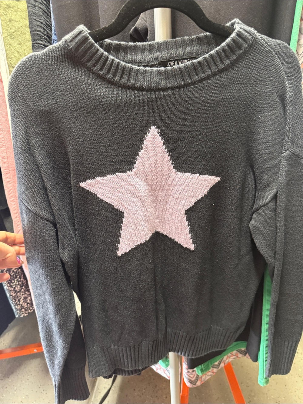 Black Crewneck Sweater with Pink Star